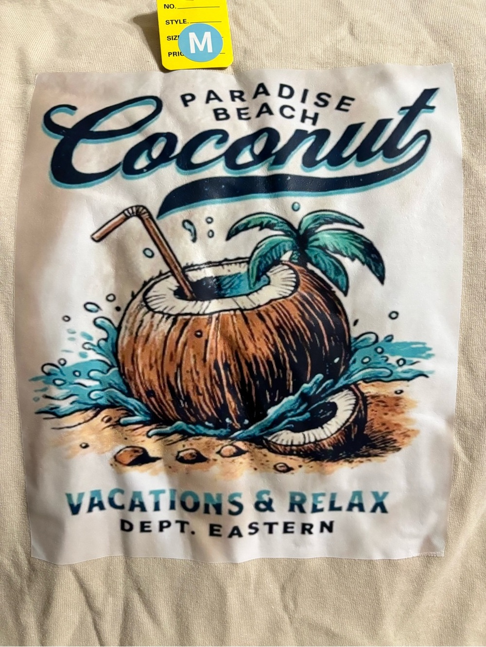 NEW Coconut Paradise Beach Graphic Tee - Cream w/Teal & Brown Print size Medium